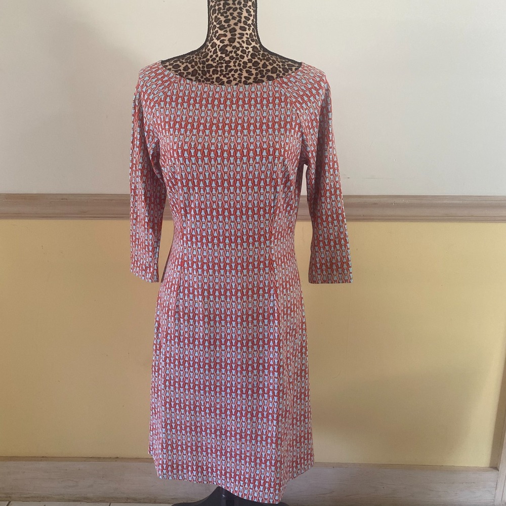J.McLaughlin Womens Small Coral Blue Geometric Chain Link Boatneck Sheath Dress